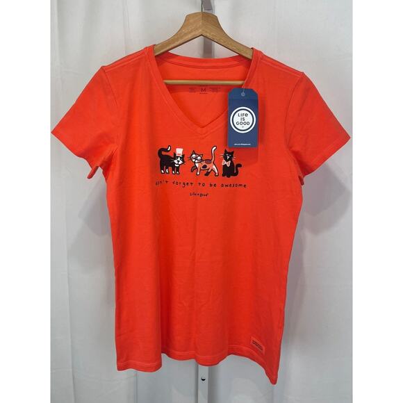 NWT LIFE IS GOOD Short Sleeve Crusher Tee Shirt V Neck Awesome Cats Orange M - Picture 1 of 10